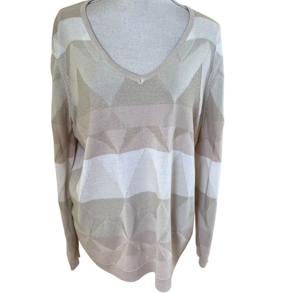 Leo & Ugo Tan/Cream/Gold Metallic Geometric Patterned V-Neck Sweater 6/54/18